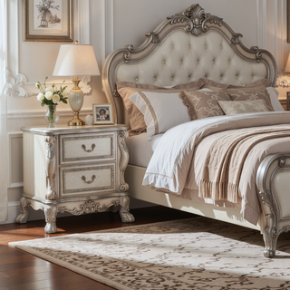 Sunvega Vintage Bone White Nightstand with Two Felt-Lined Drawers and Wooden Claw Legs