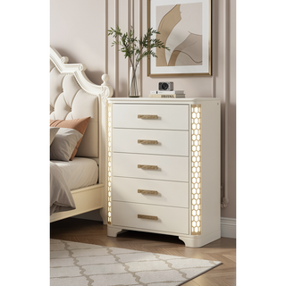 Sunvega Beige Wood 5-Drawer Chest with Gold Accent Pulls and LED Lighting