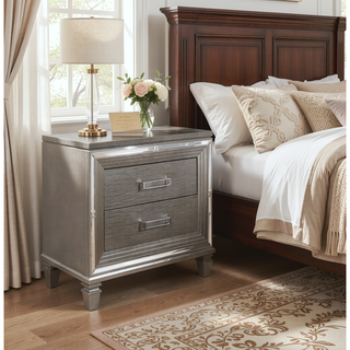 Sunvega White Silver Finish Nightstand with 2 Dovetail Drawers and Acrylic Bar Pulls