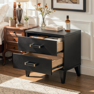 Sunvega Contemporary Black Finish Nightstand with 2 Storage Drawers and Wooden Legs