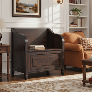 Sunvega Handcrafted Solid Wood Storage Bench with Dark Chestnut Brown Stain