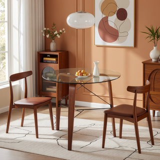 Sunvega Contemporary Round Walnut Wood Tripod Dinette Table with Tempered Glass Top