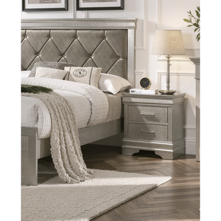 Sunvega Modern Glam Champagne Finish Crystal Diamond Tufted Crocodile Texture Nightstand