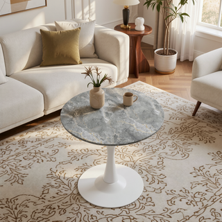Sunvega Round White Pedestal Side Table with Marble Effect Top for Living Room