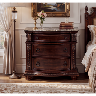 Sunvega Traditional Brown Cherry Finish Marble Top Three Drawer Nightstand