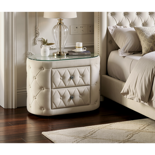 Sunvega Modern Oval Nightstand with Tufted Upholstery and Two Fabric Storage Drawers