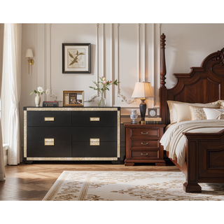Sunvega Lively Black and Gold Nightstand with Glitter Detail and Spacious Drawers