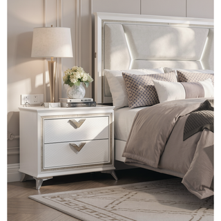 Sunvega Antique White Finish Nightstand with 2 Dovetail Drawers and Gold Accents