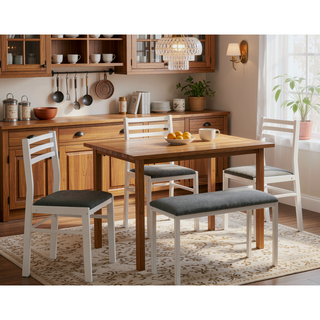 Sunvega Contemporary 5-Piece Dining Set with White Laminate Table and Grey Fabric Chairs