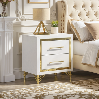 Sunvega White Nightstand with Gold Trim and Two Drawers for Bedroom Storage