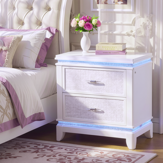 Sunvega Modern 2-Drawer LED Nightstand with Mirror Front for Bedroom Storage