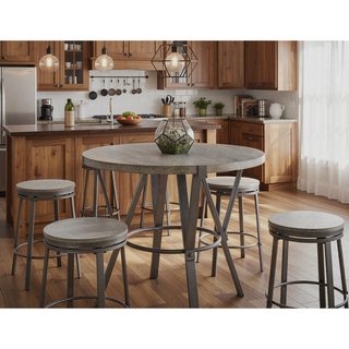 Sunvega Dark Gray Round Counter Table with Iron Base and Wood Veneer Top