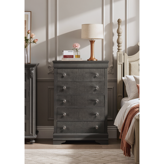 Sunvega Modern Metallic Gray Wood 5-Drawer Chest with Textured Surface and Crystal Knobs