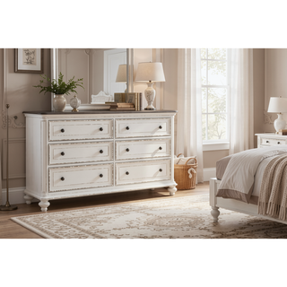 Sunvega Antique White and Brown-Gray Finish Nightstand with Black Knobs and Dovetail Drawers