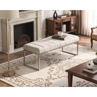 Sunvega Beige Tufted Upholstered Bench with Plush Cushioned Seat and Champagne Metal Legs