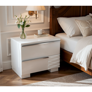 Sunvega Modern White Lacquer Wood Nightstand with 2 Drawers and Gloss Finish