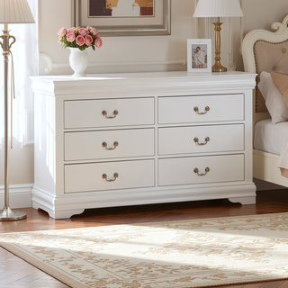 Sunvega Ryla White Solid Wood Wide Dresser with Six Drawers and Nickel Handles