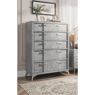 Sunvega 5 Drawer Chest in Gray with Custom Hardware and Book Matched Veneers