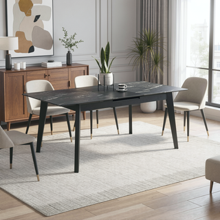 Sunvega Modern Black Dining Table with Self-Storing Leaf and Faux Marble Top