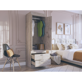 Sunvega Double Door Cabinet with Two Drawers and Integrated Hanging Rod for Bedroom