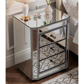 Sunvega Mirrored Nightstand with 3 Drawers Silver Beaded Trim and Glass Knobs