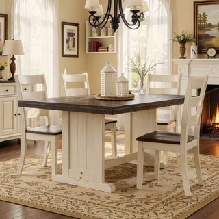 Sunvega Mahogany and Mindi Wood Rectangular Plank Top Dining Table with Off White Trestle Base