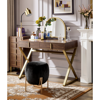 Sunvega White and Gold Vanity Desk with Mirror and Jewelry Storage Tray