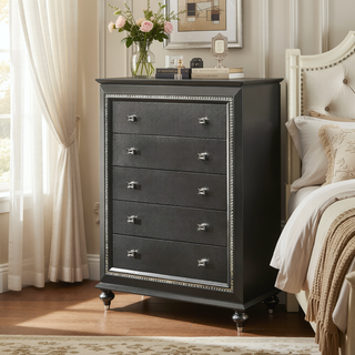 Sunvega Kaitlyn Metallic Gray Finish Wood Nightstand with Two Drawers and Crystal Trim