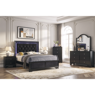 Sunvega Modern Glam Style Black Finish Five Drawer Chest Nightstand with Faux Crystal Pulls