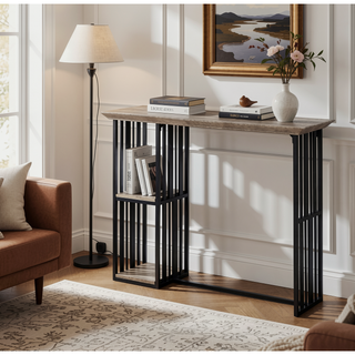 Sunvega Oak and Sandy Black 2-Shelf Counter Height Table with Slatted Metal Base