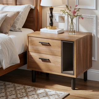 Sunvega Modern Brown Oak and Black 2-Drawer Nightstand with Open Shelf