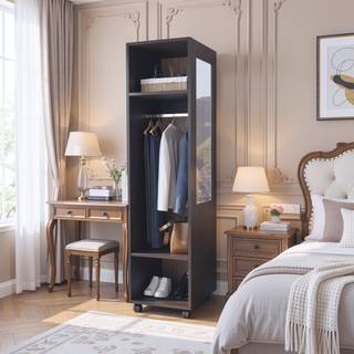 Sunvega Freestanding Wardrobe with Mirror, Shelves, Hanging Rod and Casters for Bedroom