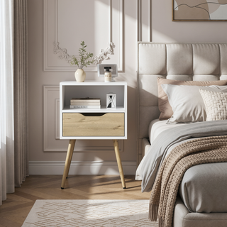 Sunvega Smokey Oak and White Finish Nightstand with Open Shelf and Drawer