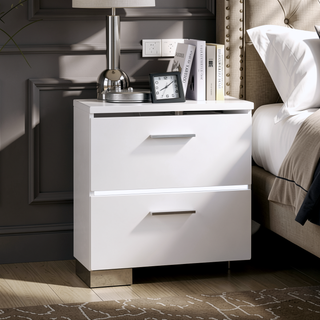 Sunvega Contemporary White High Gloss Lacquer Nightstand with Chrome Handles and USB Charger