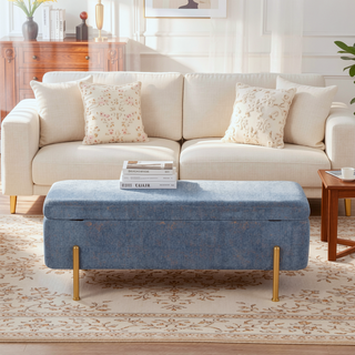 Sunvega Gold Metal and Blue Fabric Contemporary Storage Bench with Flip Top Lid