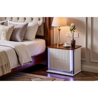Sunvega White Nightstand with LED Lighting Diamond Pattern Accents and Two Textured Drawers