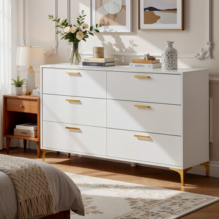 Sunvega White Dresser with Six Deep Drawers and Gold Handles for Modern Bedroom