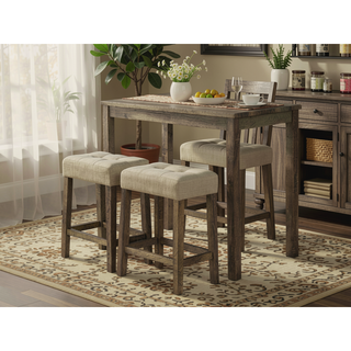 Sunvega Transitional Brown Rubberwood Dining Table with 2 Tufted Seat Stools