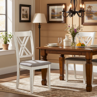 Sunvega Seven Piece Dining Set with Worn Farmhouse Finish and Light Brown Fabric Chairs