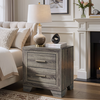 Sunvega Brown Oak Transitional Two-Drawer Nightstand with Metal Handles for Bedroom