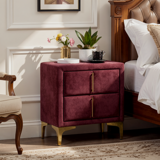 Sunvega Red and Gold Flannelette Nightstand with Upholstered Drawers and Bar Pull Handle