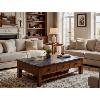 Sunvega Engineered Stone Top and Walnut Finish Dining Table for Family Meals