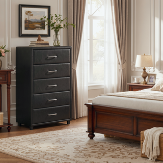 Sunvega Black Faux Leather Nightstand with Two Drawers and Silver Bar Pulls