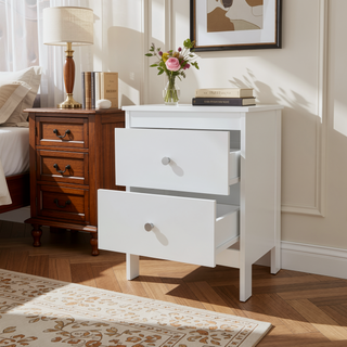 Sunvega White Nightstand with Two Spacious Drawers and Classic Knob Hardware