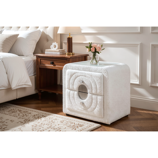 Sunvega White Teddy Sherpa Nightstand With Chrome Crystal Knob And Glass Top