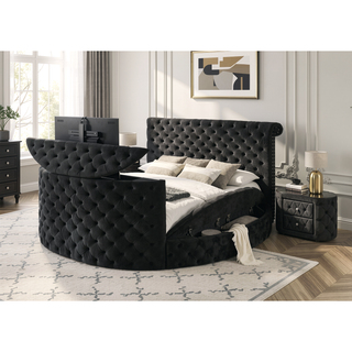 Sunvega Modern Oval Nightstand with Plush Tufted Upholstery and 8mm Tempered Glass Top