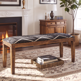 Sunvega Black and White Geometric Pattern Upholstered Bench with Wooden Frame
