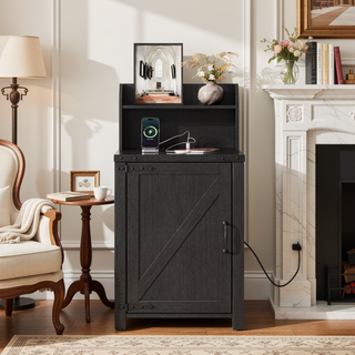 Sunvega Farmhouse Nightstand with Charging Station and Adjustable Shelf for Living Room Bedroom