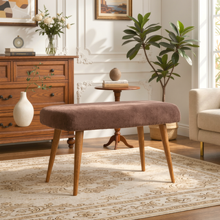 Sunvega Solid Mango Wood Bench with Soft Mocha Faux Fur Upholstery and Nordic Legs