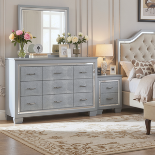 Sunvega Silver Faux Alligator Embossed Nightstand with 2 Dovetail Drawers and LED Lighting